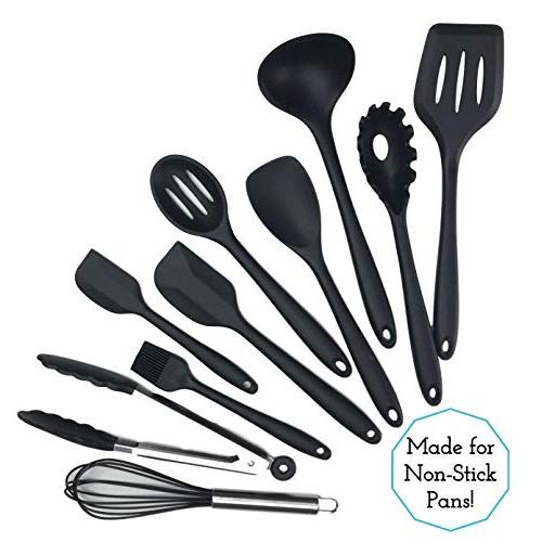 Kitchen Utensil Set - Professional 10 Piece Black Cooking Utensils - Nonstick Silicone And Heat Resistant Kitchenware