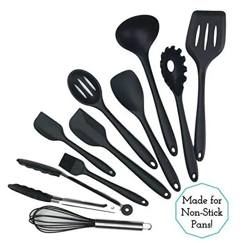 Kitchen Utensil Set - Professional 10 Piece Black Cooking Utensils - Nonstick Silicone And Heat Resistant Kitchenware