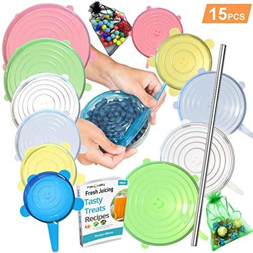 SPECIAL OFFER 15 Pack Silicone Stretch Lids 12pcs, Metal Drinking Straw + 2 Gift bags, Various Sizes and Shape of Containers, Reusable, Durable + Expandable Food Covers, Keeping Food Fresh, Dishwasher