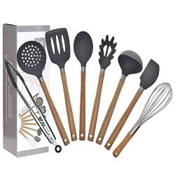 Silicone kitchenware 8 Pieces Of Gray Food Grade Silicone Cookware Kitchen Cooking Utensils Set Durable Heat Resistant Wooden Handle Nonstick Cookware Cooking Tools Perfect Suit For Any Kitchen Very s