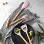 JunbosiKitchenware Solid Wood Handle with Storage Bucket Pink Silicone Kitchenware 11 Piece Set