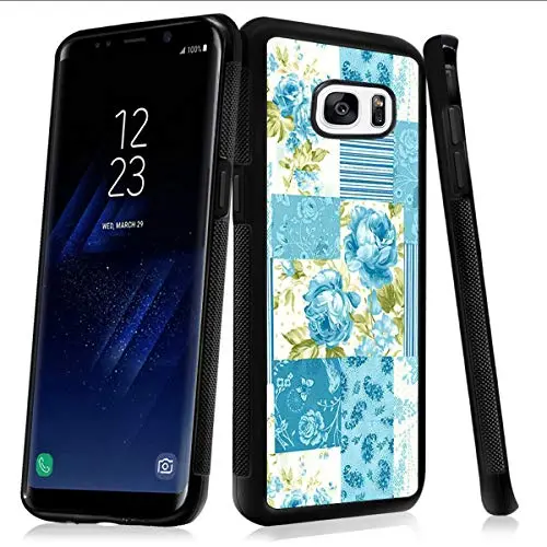 Samsung Galaxy S7 Case, Blue Flower Shock-Absorption TPU Rubber Bumper Samsung Galaxy S7 Case, Ultra Thin Slim Protective Cover for Samsung Galaxy S7-Black