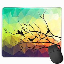 Modern Decor Waterproof Mice Pad Birds on Branch with Geometrical Abstract Rainbow Colored Sharp Lined Backdrop Custom Mouse pad 8.5&quotx7" Multicolor