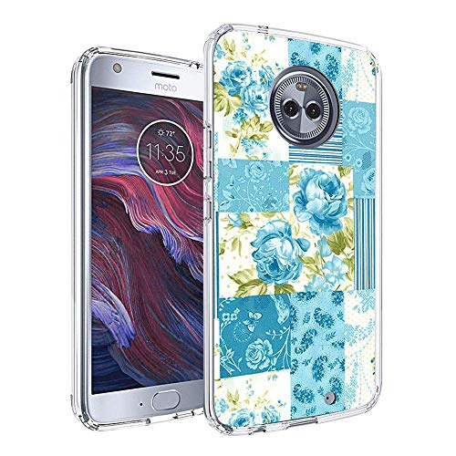 Moto X4 Case, Soft TPU Slim-Fit Flexible Ultra-Thin Clear Case, Full-Body Rugged Bumper Print Blue Flower Case for Moto X4, Transparent