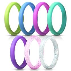 ThunderFit Womens Thin and Stackable Silicone Rings Wedding Bands - 7 Rings / 1 Ring 2.5mm Width - 1.8mm Thick