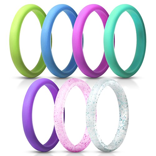 ThunderFit Womens Thin and Stackable Silicone Rings Wedding Bands - 7 Rings / 1 Ring 2.5mm Width - 1.8mm Thick