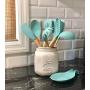 Premium Silicone Cooking Utensils Set, 8 Piece Kitchen Utensil Set with Natural Wood Handles, BPA Free Turquoise Silicone Utensils, Safe Cooking Tools for Non-stick Cookware, Best Kitchen Gift