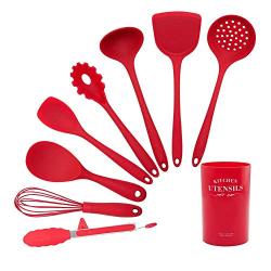 Silicone kitchenware 9 Pieces Red Silicone Cooking Utensils Kitchen Utensil Set Wooden Handles Cooking Tools For Nonstick Cookware Includes Tongs Pasta Fork Whisk Soup Spoon And More Nonstick Heat Res