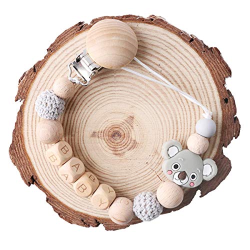 Natural Wooden Animal Crochet Beads Teether Wooden Pacifier Clip Chewable Infant Holder Baby Teether Toys Neutral Baby Shower Gift