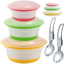 Silicone Collapsible Storage Bowls with Lids - Set of 3, IHUIXINHE Food Grade Silicone FDA Approved, Foldable Expandable Bowls for Food Water Feeding, Portable Travel Bowl, Free Foldable Spoon & Fork