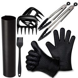 TrendaPro BBQ Grill Set 7-Pcs, Black | BBQ Gloves | 2 Grill Mats | Meat Claws | 2 Kitchen Tongs | Basting Brush | Grilling Accessories, BBQ Tools, Heat Resistant Gloves for Cooking, Indoor & Outdoor