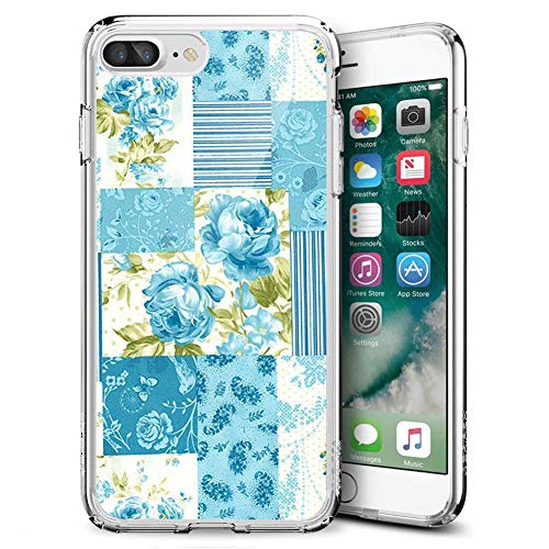 iPhone 7 8 Case, Soft TPU Slim-Fit Flexible Ultra-Thin Clear Case, Full-Body Rugged Bumper Print Blue Flower Case for iPhone 7 8, Transparent