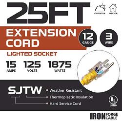 25 Foot Lighted Outdoor Extension Cord - 12/3 SJTW Heavy Duty Yellow Extension Cable Extension Cable with 3 Prong Grounded Plug for Safety - Great for Garden and Major Appliances