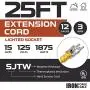 25 Foot Lighted Outdoor Extension Cord - 12/3 SJTW Heavy Duty Yellow Extension Cable Extension Cable with 3 Prong Grounded Plug for Safety - Great for Garden and Major Appliances