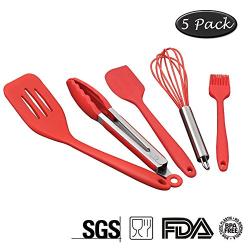 Premium Quality Silicone Kitchen Utensil Set, Heat Resistant, Hygienic, Non Stick, Durable Baking Gift Utensils, 5 pack, Slotted Turner, Tongs, Spatula, Whisk and Basting Brush (Red)