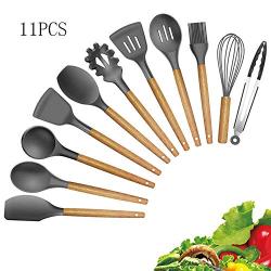 Silicone Kitchenware Set, 11 Pieces of Wooden Handle Cooking Tools, BPA-Free Silicone Spatula Spoon, Kitchen Utensils, Non-Stick Cookware Cutlery Set