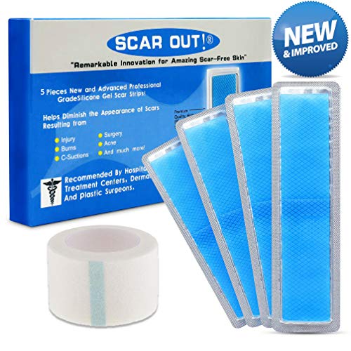 ScarOut! Silicone Scar Sheets for Scar Removal (2 Month Supply) - C Section Recovery Scar Treatment, Keloid Scar Removal and more! - 5x Silicon Sheets For Scars in two sizes - Scar Gel Silicone Tape