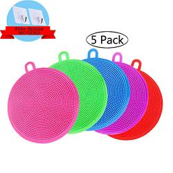 Silicone Scrubber(5 Pack), Silicone Sponges Multipurpose Kitchen Scrub Brush for Dish Pot and Veggies Fruit Smart Kitchen Gadgets Brush Accessories 5 Colors with Free Bonus 2 Hooks