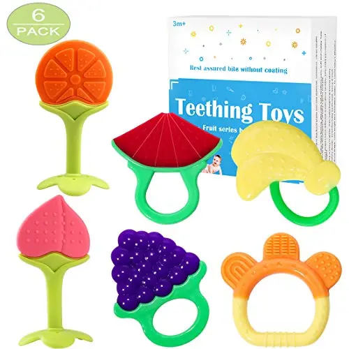 Baby Teether Toys (6 Packs), Bestwin Soft Silicone Natural Organic BPA Free Freezer Safe Teething Toys for Toddlers & Infants - Babies Shower Gift