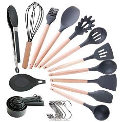 Silicone Kitchen Utensils, Silicone Utensil Set, Safe Food Grade Silicone with Premium Wood Handles, Non-Stick Heat Resistant Silicone Kitchenware, 11 PCS + 10 S Hooks,Gray