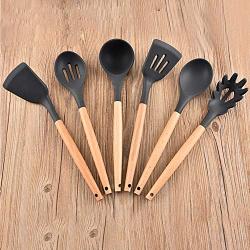 Cooking Tool Sets - 6pcs Nonstick Silicone Spatula Spoon With Holes Long Handle Serving Cooking Utensil Wooden Food - Cooking Sets Tool Cooking Tool Sets Chef Cook Pepper Mill Home Kitchen S