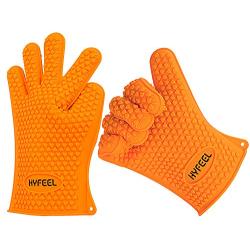 HYFEEL Silicone BBQ Cooking Gloves Kitchen Oven Mitts Heat Resistant for Baking Grilling Frying Barbeque with Fingers,1 Pair (Orange)