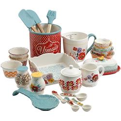 The Pioneer Woman Flea Market 25-Piece Ceramic Pantry Essential Set Adds Elegant Style To Kitchenware (Set Includes 3pc Silicone Tool Set, 7in Utensil Crock, 7.4in Napkin Box, 6.4in Covered Butter Dis