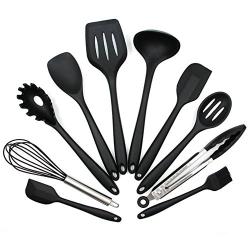 Heat Resistant Kitchenware and Silicone Kitchen Utensil Set 10 Piece Cooking & Baking Tool Sets ? Perfect For All Types Of Cooking by Drop Love H.C (Black)