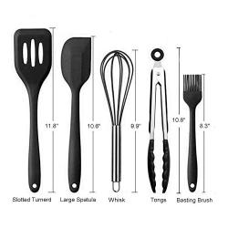 Premium Quality Silicone Kitchen Utensil Set, Heat Resistant, Hygienic, Non Stick, Durable Baking Gift Utensils, 5 pack, Slotted Turner, Tongs, Spatula, Whisk and Basting Brush (Black)