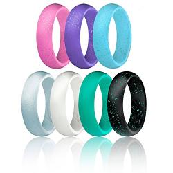 ROQ Silicone Wedding Ring for Women, Affordable Silicone Rubber Wedding Bands, 7 Packs, 4 Pack & Singles - Glitters & Metallic - Rose Gold, Silver, Pink, Black, Blue