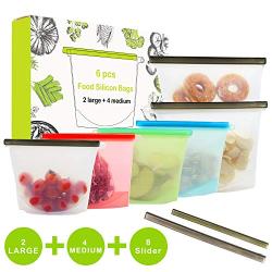 Reusable Silicone Food Storage Bags-6 packs, 2xLarge & 4xMedium Airtight Seal Food Preservation Bag, Plastic Conteiner Food Preservation Bag for Snacks, Sandwiches, Fruits, Lunch, Liquid, Meat