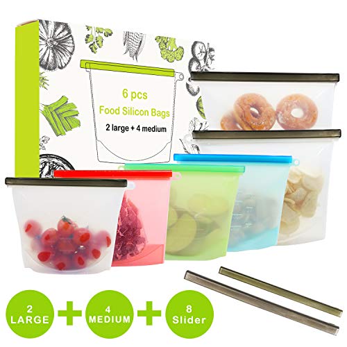 Reusable Silicone Food Storage Bags-6 packs, 2xLarge & 4xMedium Airtight Seal Food Preservation Bag, Plastic Conteiner Food Preservation Bag for Snacks, Sandwiches, Fruits, Lunch, Liquid, Meat