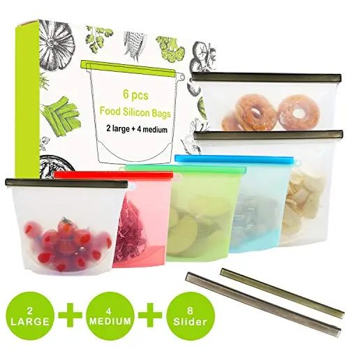 Reusable Silicone Food Storage Bags-6 packs, 2xLarge & 4xMedium Airtight Seal Food Preservation Bag, Plastic Conteiner Food Preservation Bag for Snacks, Sandwiches, Fruits, Lunch, Liquid, Meat