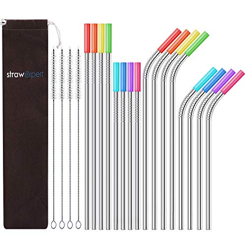 StrawExpert Set of 16 Reusable Stainless Steel Straws with Travel Case Cleaning Brush Silicone Tips Eco Friendly Extra Long Metal Straws Drinking for 20 24 30 oz Fit Yeti Tervis Rtic Tumbler