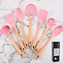 Silicone kitchenware Pink Silicone Cooking Utensils Kitchen Utensil Set 6 Pieces Wooden Handles Cooking Tools For Nonstick Cookware Pink Silicone kitchen utensils ( Color : Pink , Size : 6 Piece Set )