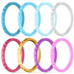 ThunderFit Thin and Stackable Silicone Rings, 8 Rings / 4 Rings / 1 Ring - Silicone Wedding Bands for Women - Diamond Pattern