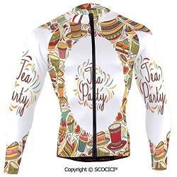 SCOCICI Cycling Jersey Long Sleeves Men,Cartoon Drawing Style Kitchenware and Tea Party