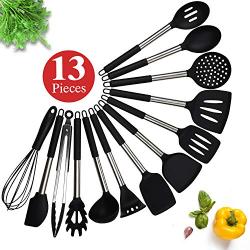 Kitchen Utensil Set, 13 Silicone Cooking Utensil Set, Silicone Utensil Spatula Set for Nonstick Cookware, ChicAid Kitchen Gadgets with Silicone Stainless Steel Handles(black, 13pcs)