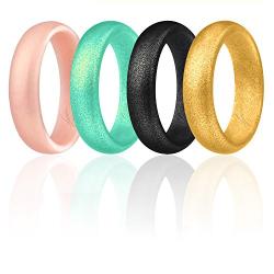 ROQ Silicone Wedding Ring for Women, Affordable Silicone Rubber Wedding Bands, 7 Packs, 4 Pack & Singles - Glitters & Metallic - Rose Gold, Silver, Pink, Black, Blue