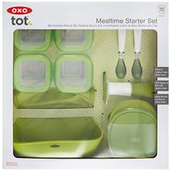 OXO Tot Mealtime Starter Value Set with Roll-up Bib, Feeding Spoons, Food Masher and Four 4oz Baby Blocks Freezer Storage Containers