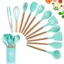 MIBOTE 12 Pcs Silicone Cooking Kitchen Utensils Set with Holder, Wooden Handles Cooking Tool BPA Free Non Toxic Turner Tongs Spatula Spoon Kitchen Gadgets Set for Nonstick Cookware (Green)