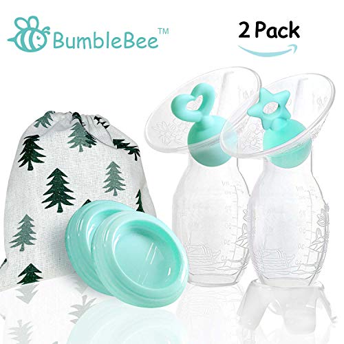 Bumblebee Manual Breast Pump with 2 Pack Breastfeeding Milk Saver Light Blue Star & Heart Stopper & lid in Gift Box Breastpump 100% Food Grade Silicone bpa PVC and Phthalate Free