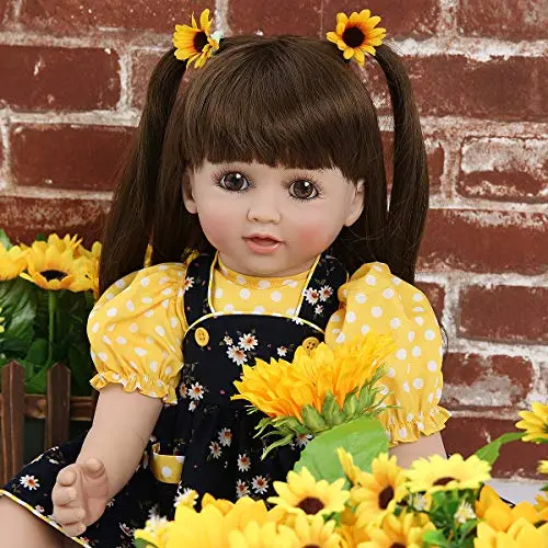 Realistic Reborn Toddler Girl Baby Doll Vinyl Long Hair Yellow and Black Princess Dress 24 Inches