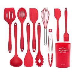 Silicone kitchenware 11 Pieces Red Silicone Cooking Utensils Kitchen Utensil Set Wooden Handles Cooking Tools For Nonstick Cookware Includes Tongs Pasta Fork Whisk And More Nonstick Heat Resistant Too