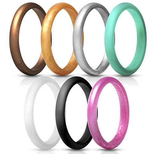 ThunderFit Womens Thin and Stackable Silicone Rings Wedding Bands - 7 Rings / 1 Ring 2.5mm Width - 1.8mm Thick