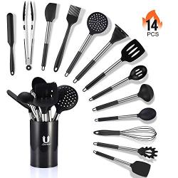 Silicone Cooking Utensil Set 14 Pcs, Uarter Kitchen Utensils Cooking Utensils Set, Non-stick Heat Resistant Silicone Cookware with Stainless Steel Handle - Black