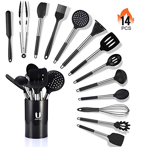 Silicone Cooking Utensil Set 14 Pcs, Uarter Kitchen Utensils Cooking Utensils Set, Non-stick Heat Resistant Silicone Cookware with Stainless Steel Handle - Black