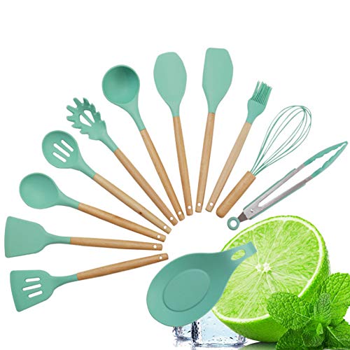 ZLKB Silicone Kitchen Utensils,Safe Food Grade Silicone with Premium Wood Handles, Non-Stick Heat Resistant Silicone Kitchenware