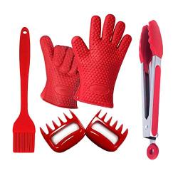 JunbosiKitchenware BBQ Grill Set Silicone Grill 4 Piece Set Silicone Gloves Two Piece Set Brush Clip,Red