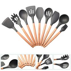 Fenrs Kitchen Utensil Set Silicone Cooking Utensil Set 9 Pieces Silicone Cooking Utensils Kitchen Utensils Set Wooden Handle Cooking Tools Silicone Kitchenware Set Kitchen Gadgets Cookware Set